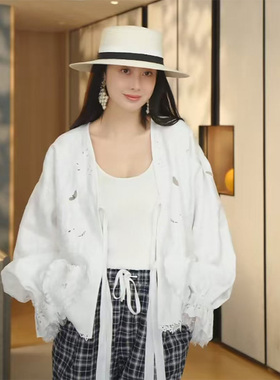 TRACYCHU白色刺绣镂空田园风亚麻浪漫外套富家千金百搭休闲松弛感