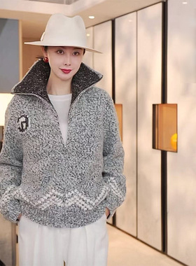 TRACYCHU黑白混纱重工刺绣中性风大针织外套百搭洋气冬季穿搭新品