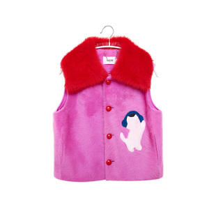 TRACYCHU火龙果色拉贡拼托卡毛领法式时髦马甲皮草时尚款冬季新款