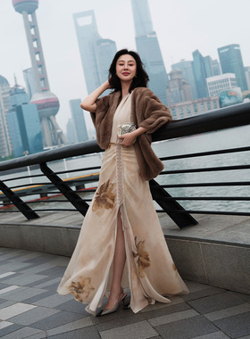 TRACYCHU梦幻柔雾蚕丝奶米色浪漫写意立裁褶皱曼妙长半裙春夏新款