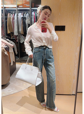 TRACYCHU复古蓝手割logo显瘦牛仔裤气质百搭显瘦舒适休闲秋冬新品