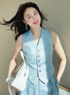 TRACY CHU 蓝色亚麻休闲马甲