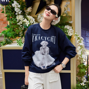 chu爆款 新品 高纱支棉手绘美式 春季 复古蓝梦露卫衣百搭时尚 tracy