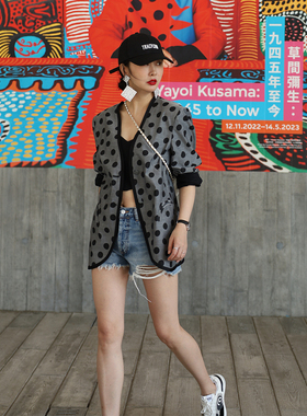 TRACY CHU 小千谷缩艺术品黑灰色波点西装