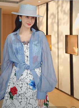 TRACYCHU日本小千谷缩蓝色细格极简风耳朵衬衫慵懒松弛琥珀流光