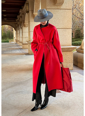 TRACY CHU lp原绒babycashmere法拉力红超细小山羊绒大气重工大衣