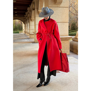TRACY lp原绒babycashmere法拉力红超细小山羊绒大气重工大衣 CHU