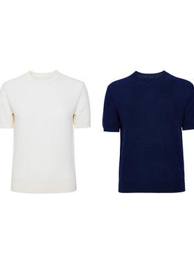 TRACY CHU经典舒适混丝羊毛ROW风T恤白色/蓝色富家千金款夏季新款