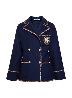 TRACY CHU 巴黎左岸藏青色重工手做羊毛钉珠高定西装外套