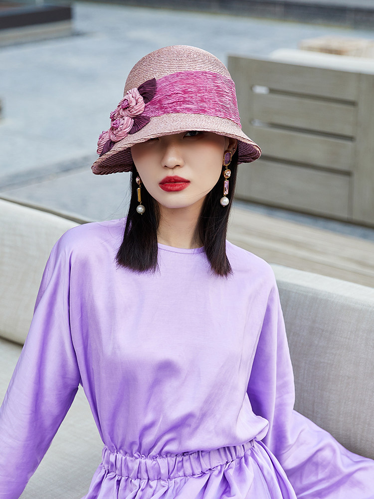 TRACY CHU 粉紫色艺术手编花朵装饰20年代钟型帽