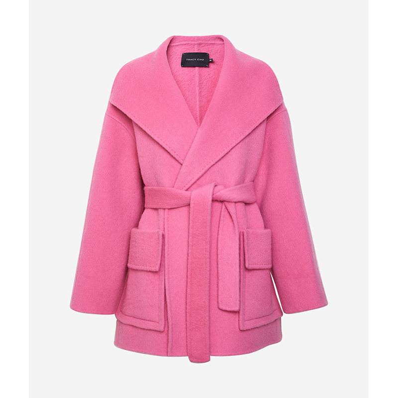 TRACYCHU冬季新品牦牛绒混羊毛蜜桃粉轮廓型时尚款中长款翻领大衣