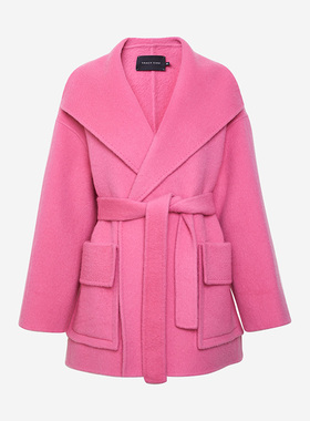 TRACYCHU冬季新品牦牛绒混羊毛蜜桃粉轮廓型时尚款中长款翻领大衣