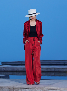 TRACYCHU当红不让全画幅立体印花红色真丝条纹抽绳休闲裤秋季新款