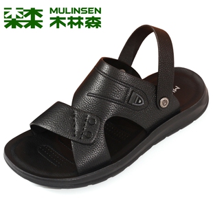 男夏季 软底耐磨防滑老年爸爸鞋 牛皮拖鞋 休闲沙滩鞋 男士 木林森凉鞋