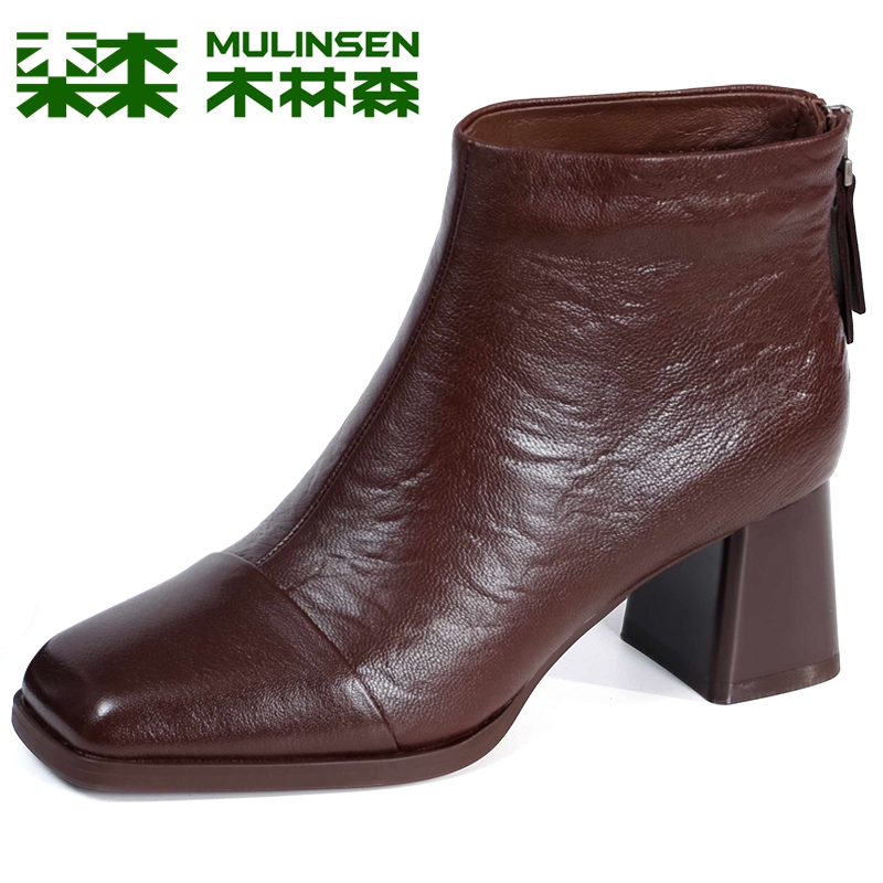 木林森气质短靴粗高跟通勤时装靴