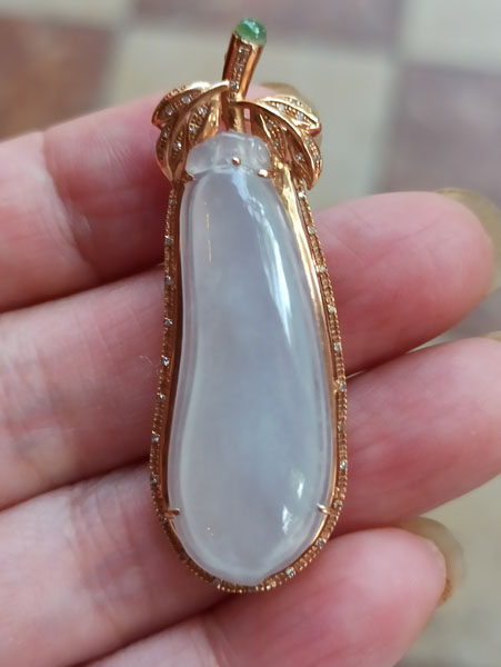 翡翠老坑冰种福瓜挂坠18K金配钻镶嵌 正品带权威证书29R