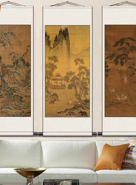 唐寅山水横幅巨幅字画背景挂画靠山卷轴画m办公室装饰丝绸礼品画