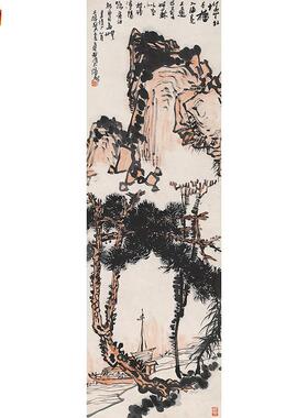 名画复制品名家c作品潘天寿江舟夜泊国画艺术微喷挂画现代装饰画