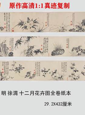 徐渭十二墨画图卷水墨花鸟层p次临摹学习古代名家字画长卷徐文长