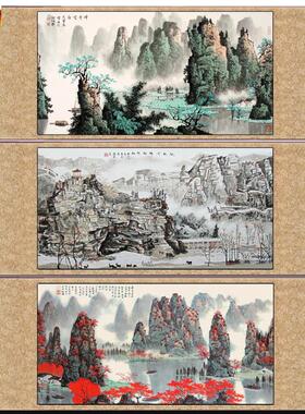 名家白描底稿新款横幅丝绸国画卷轴画漓江挂画书房装U饰画白雪石