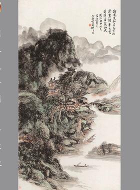 近现代国画黄宾虹闽江泛舟山水竖幅装g饰画高清微喷复制品
