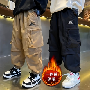 男童工装裤一体绒儿童加绒裤子秋冬款宽松痞帅中大童宽松休闲长裤