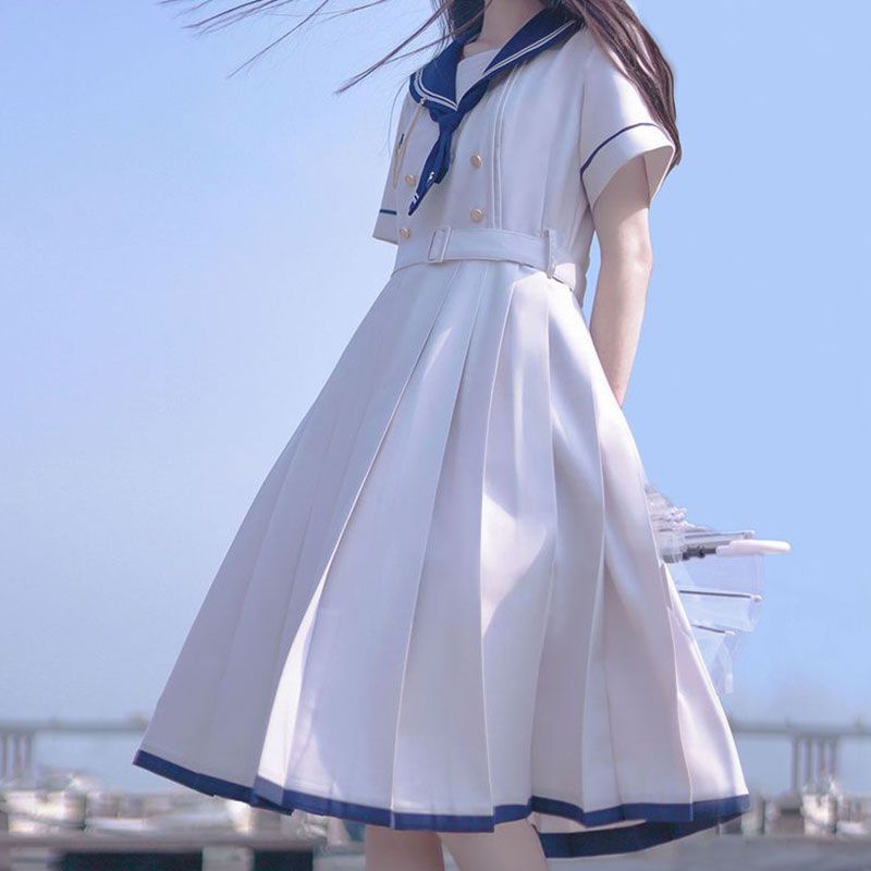 日系学院风甜美海军领领带收腰显瘦短袖百褶JK连衣裙女夏季学生