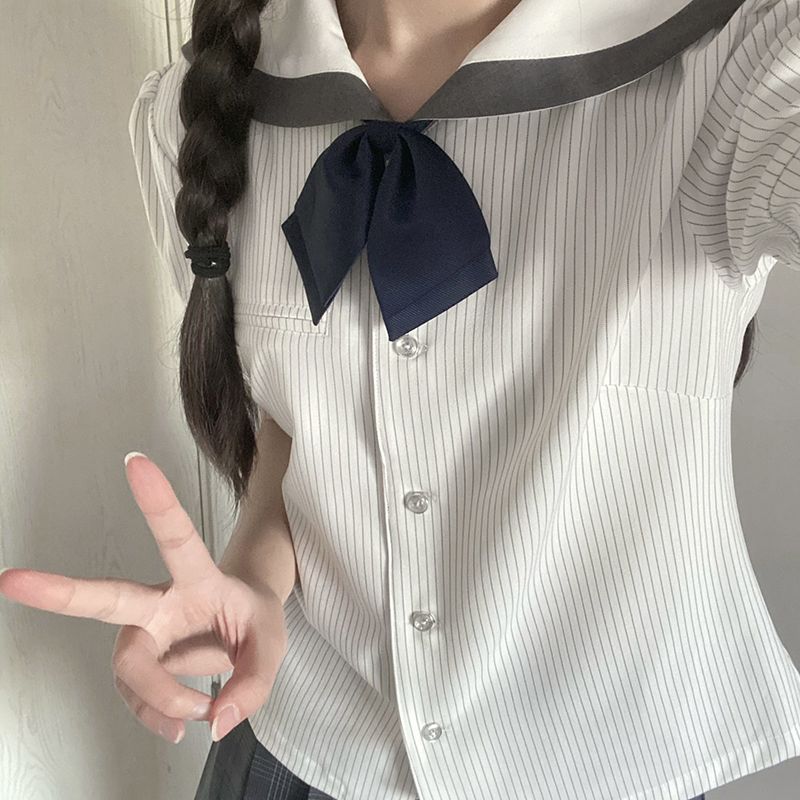 灰色包边条纹衬衫jk短袖衬衫基础款制服春夏女条纹衬衣水手服衬衫