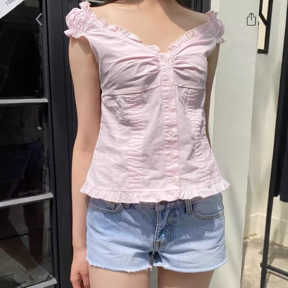 小海鸥粉色荷叶边飞飞袖衬衫