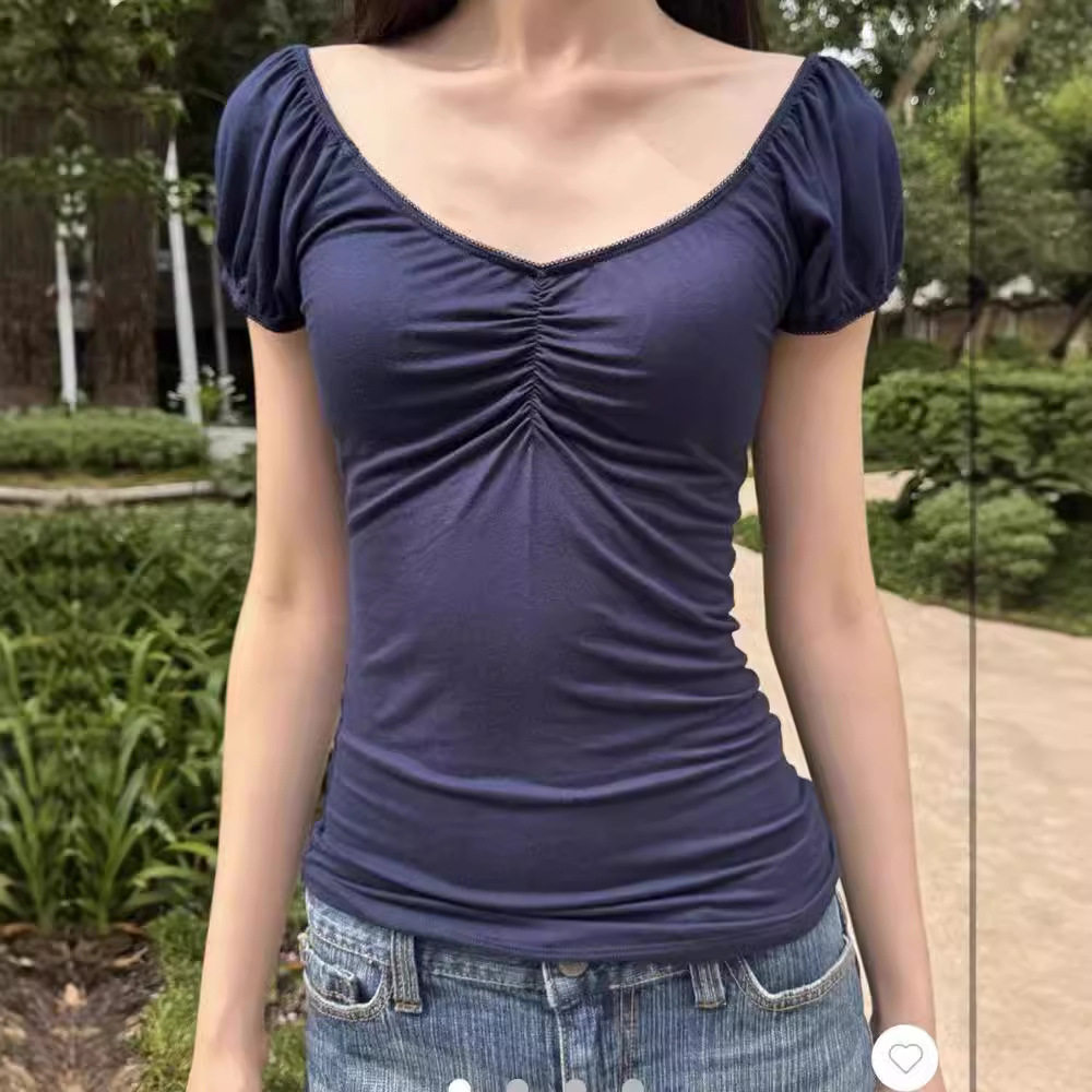 小海鸥藏青V领泡泡袖T恤