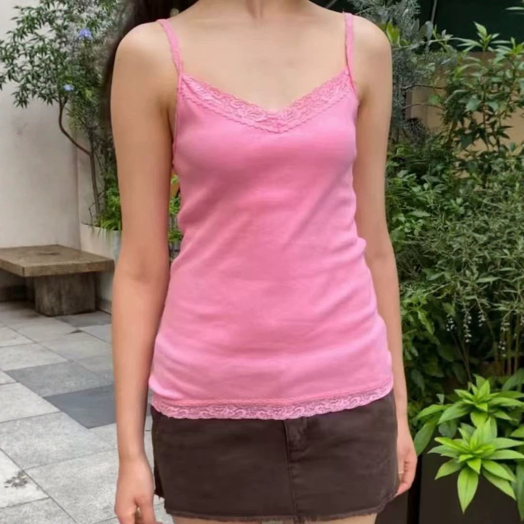 小海鸥桃粉蕾丝V领背心