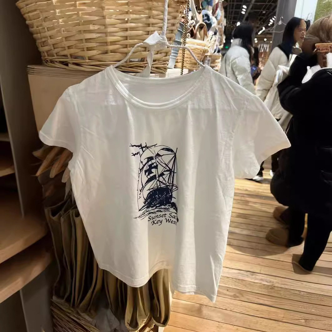 小海鸥美式复古白帆船短袖
