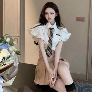 流行新款酷酷风格女装短款衬衫jk制服套装夏季高腰百褶短裙两件套