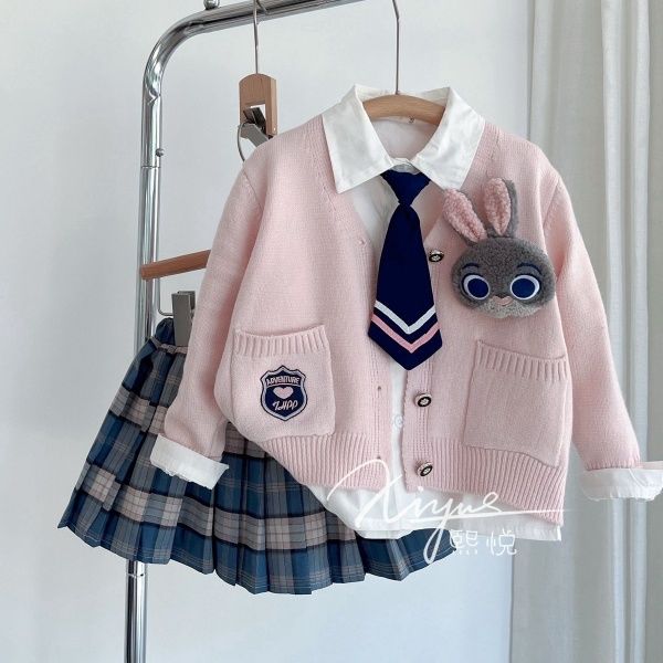 女童学院风JK制服套装2026新款女宝针织开衫外套衬衫百褶裙三件套