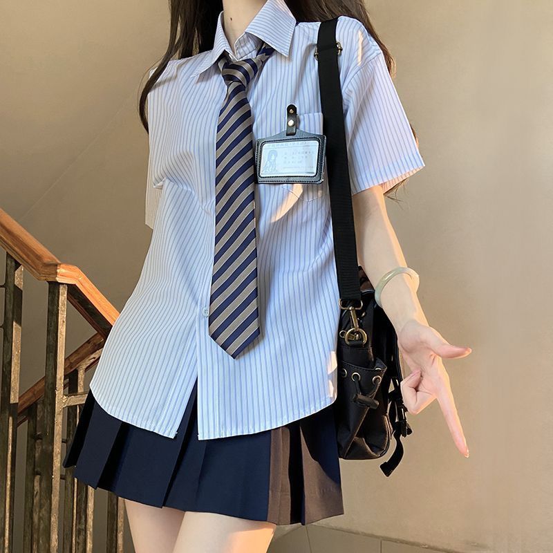 三件套夏季新款日系学院jk条纹衬衫短袖学生百搭百褶裙减龄套装