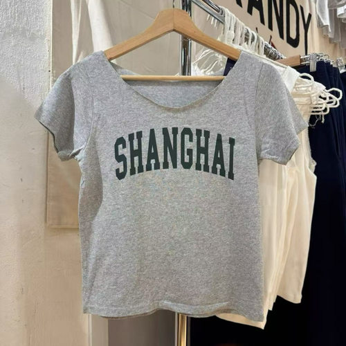 上海SHANGHAI字母印花一字肩