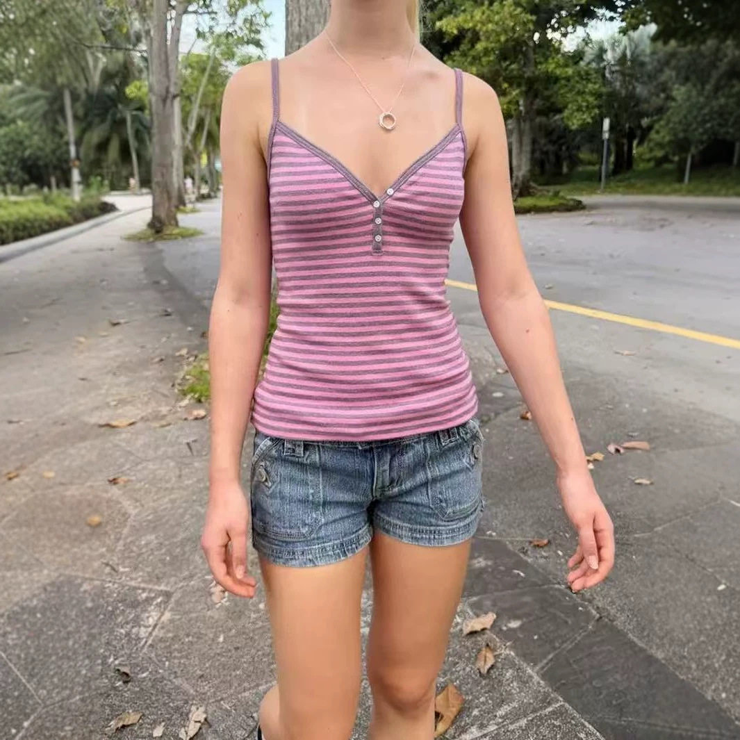 小海鸥美式辣妹撞色V领吊带