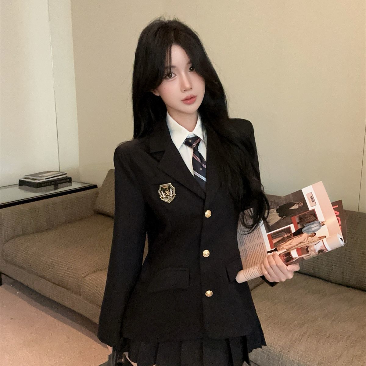 学院风jk制服套装女秋冬高级感西装外套领带衬衫气质百褶裙三件套