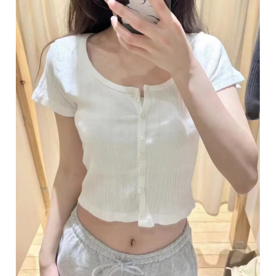 小海鸥竖条纹露脐短袖