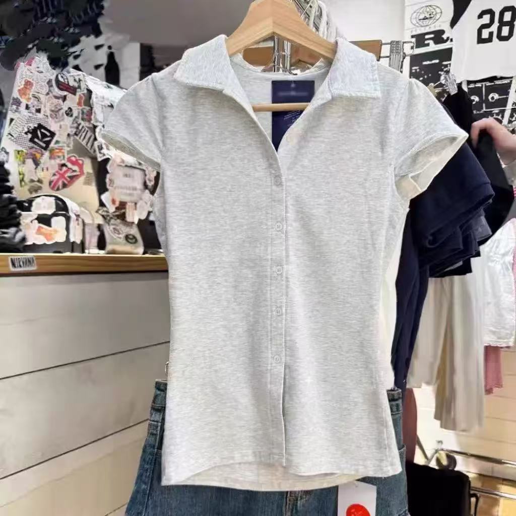 小海鸥白色收腰短袖衬衫
