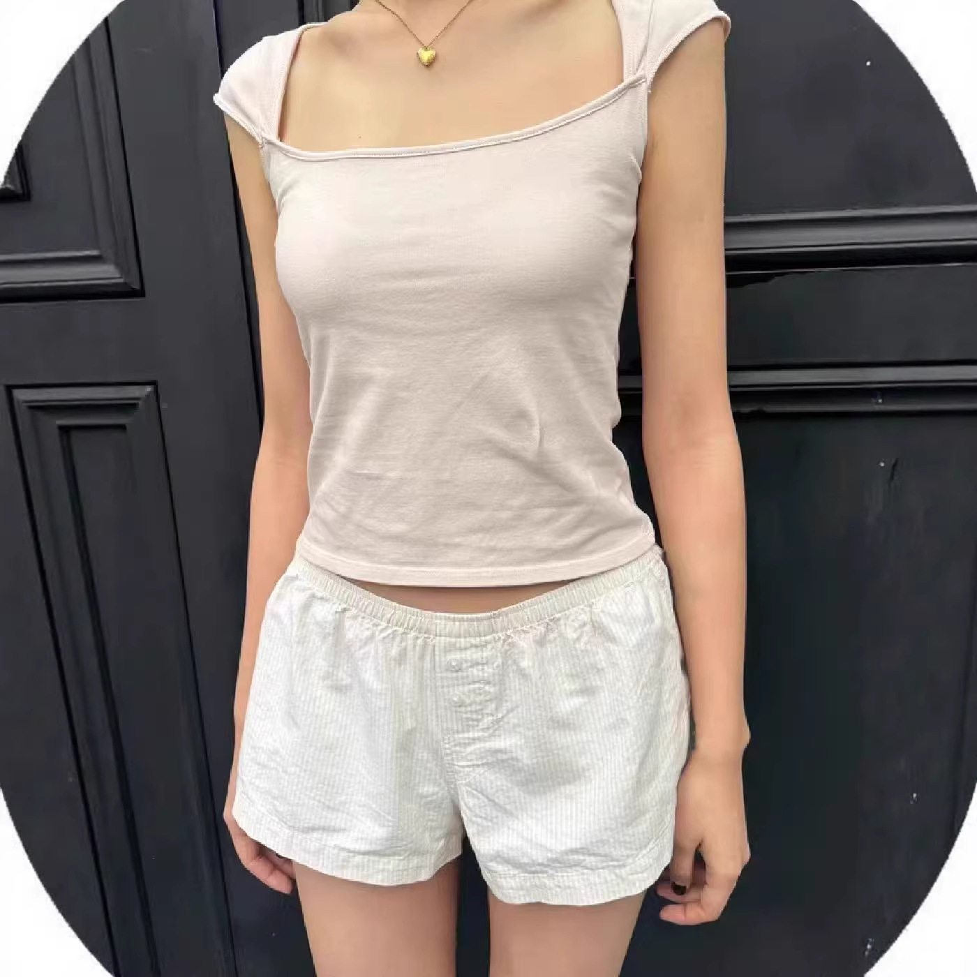 小海鸥浅粉方领短袖女