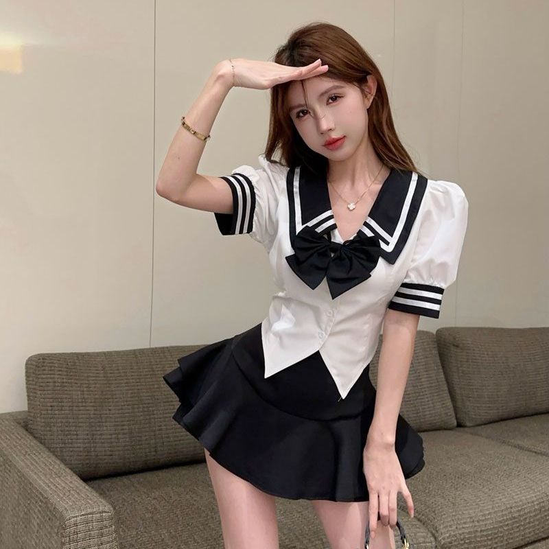 JK学院风时尚套装女新款网红短袖减龄衬衫+高腰蓬蓬半身短裙裤潮