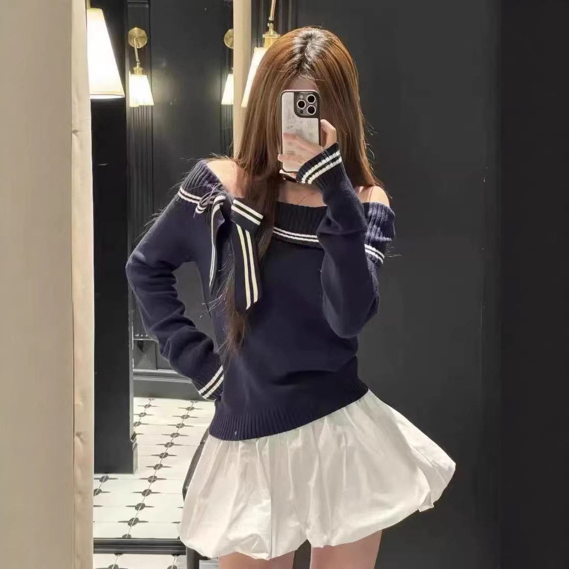 小海鸥一字肩蝴蝶结毛衣