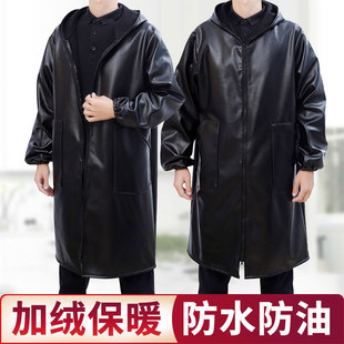 皮革加绒PU防水防油厚罩衣大人男女时尚 冬 工作服厨房家用围裙长袖