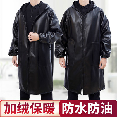 皮革加绒PU防水防油厚罩衣大人男女时尚工作服厨房家用围裙长袖冬