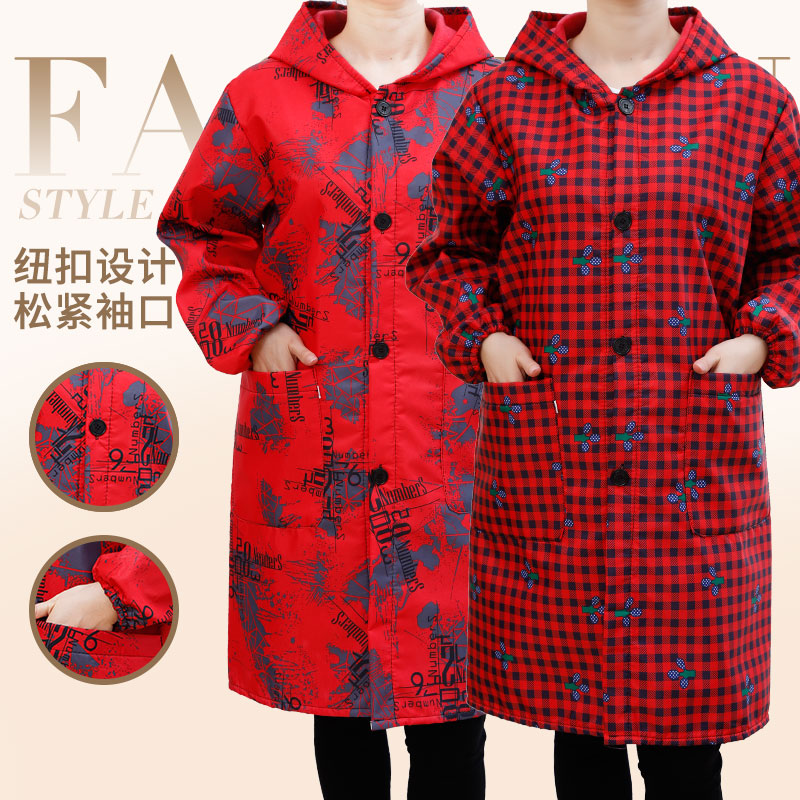 加绒罩衣女时尚家用厨房防水防油工作服冬季大人围裙防污大褂工装