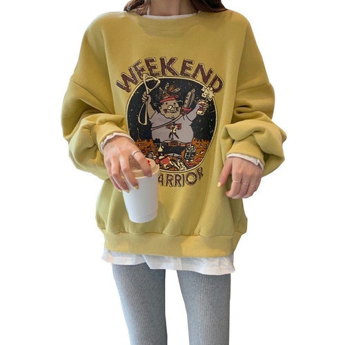 Plush fake two-piece sweater women's clothing autumn and winter new women's clothing loose casual Korean cartoon printed top student