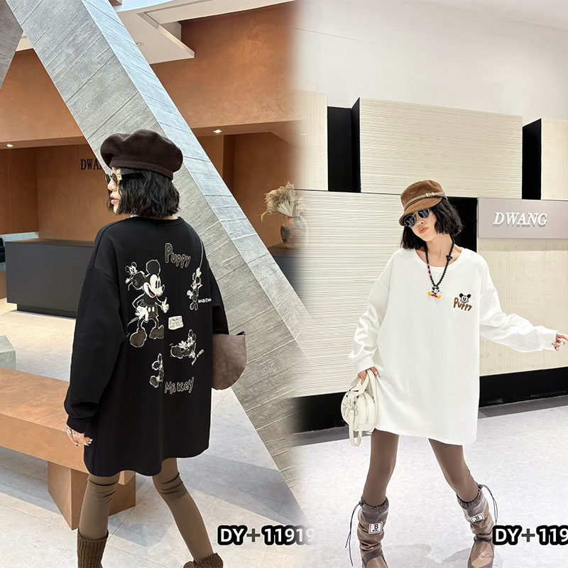 胖妹妹韩系中长款刺绣米奇T恤女秋冬款200斤百搭打底衫大码女装