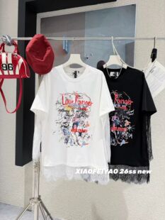 女装 晓肥妖家设计感中长款 拼接蕾丝T恤女200斤涂鸦假两件上衣大码