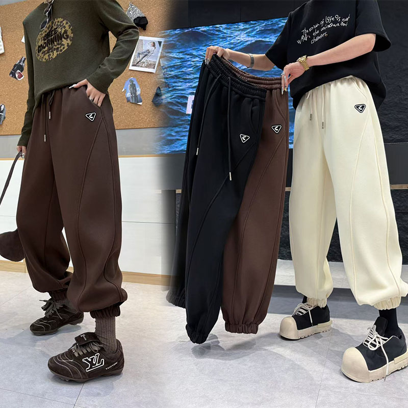 胖妹妹韩系加绒加厚休闲裤女秋冬款200斤宽松卫裤束脚裤大码女装